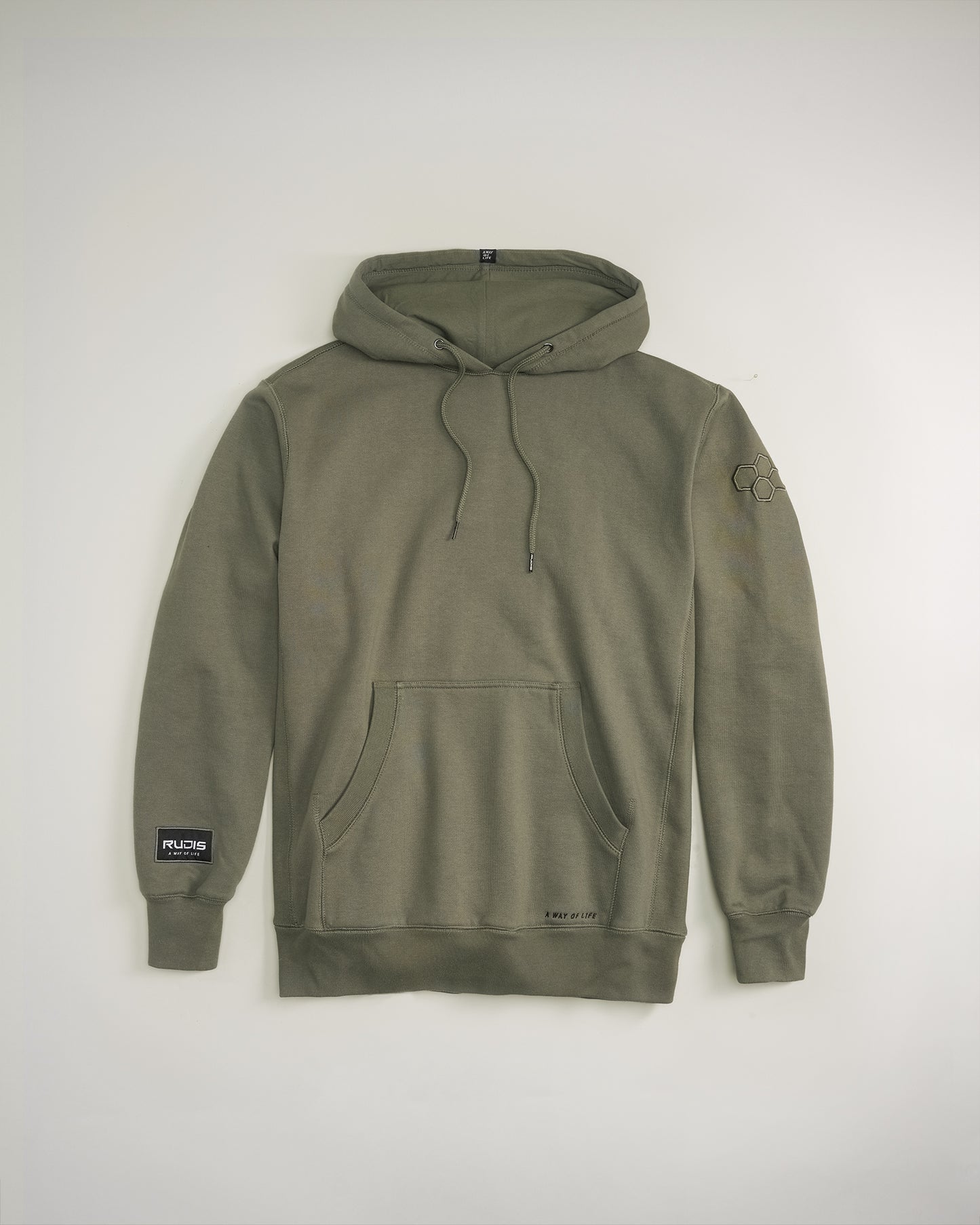 An olive green hoodie featuring a front pocket adjustable drawstring hood and branded sleeve patch