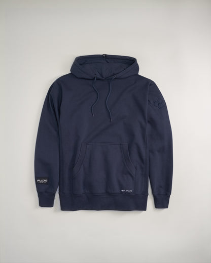 A navy blue hoodie featuring a large front pocket drawstrings and a logo on the sleeve designed for comfort and style