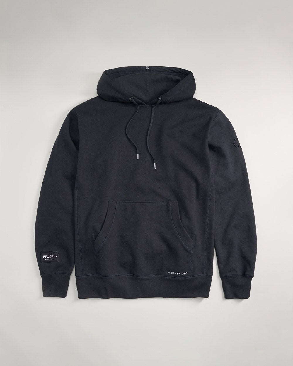 A sleek black hoodie featuring a front kangaroo pocket and embroidered details ideal for casual wear or athletic activities