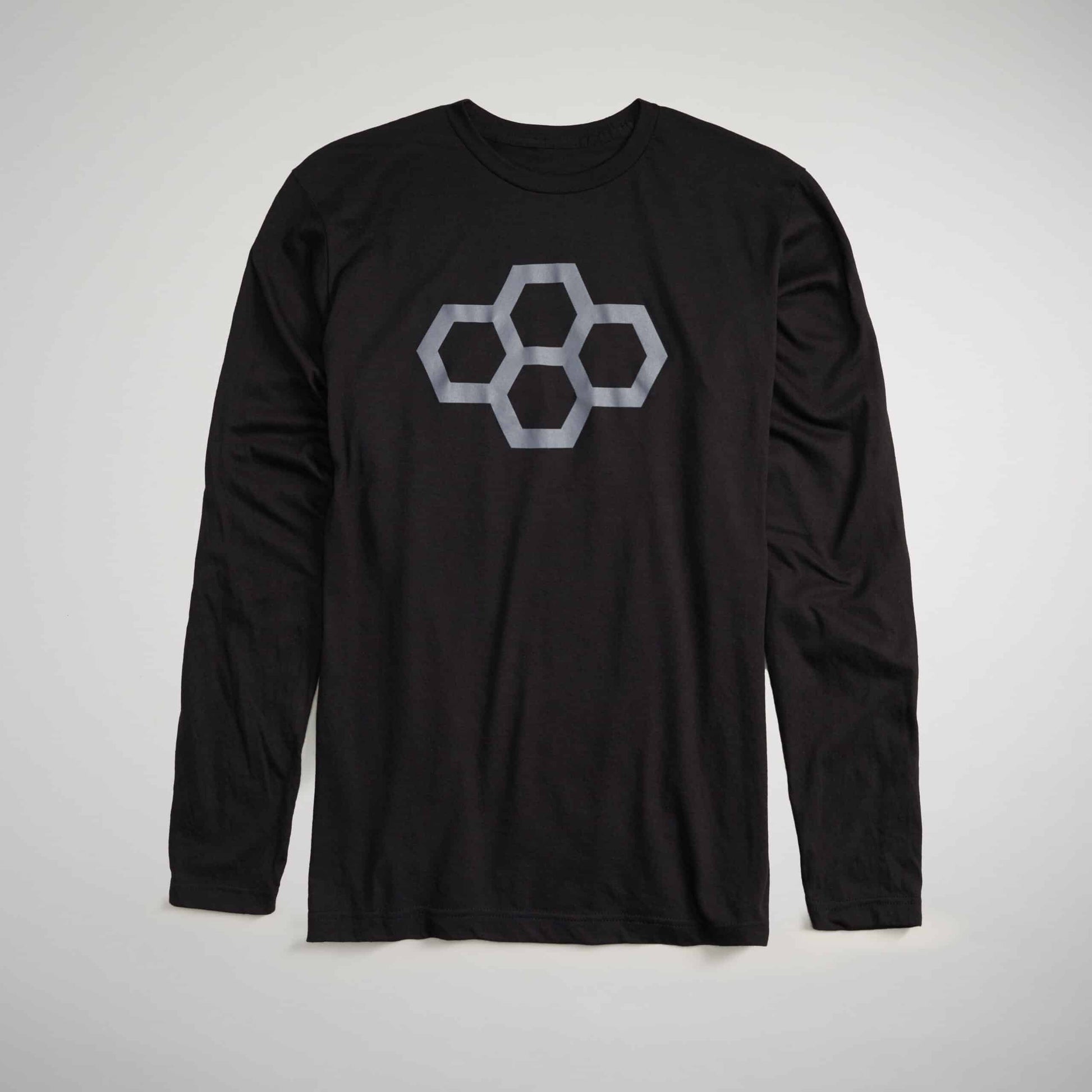 A black long-sleeve t-shirt featuring a geometric hexagonal design in gray on the front