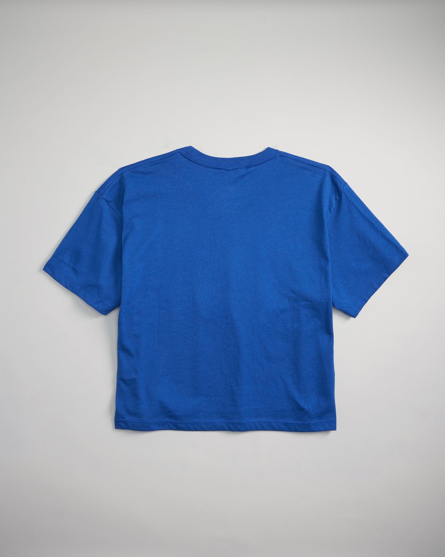 A solid blue short-sleeve t-shirt displayed from the back on a neutral background highlighting its casual style and fabric texture