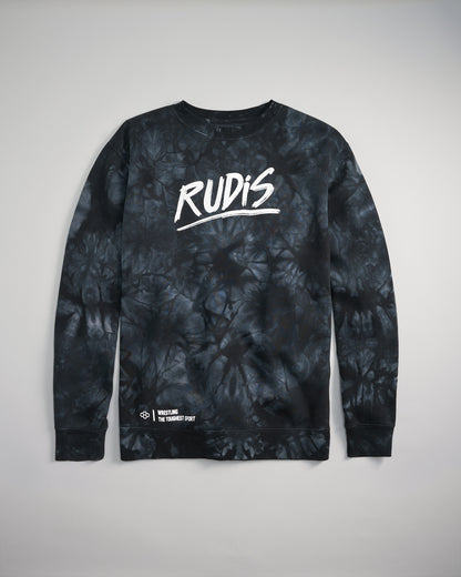 A black tie-dye sweatshirt featuring the word RUDIS in bold white letters and a tagline emphasizing wrestling as the toughest sport