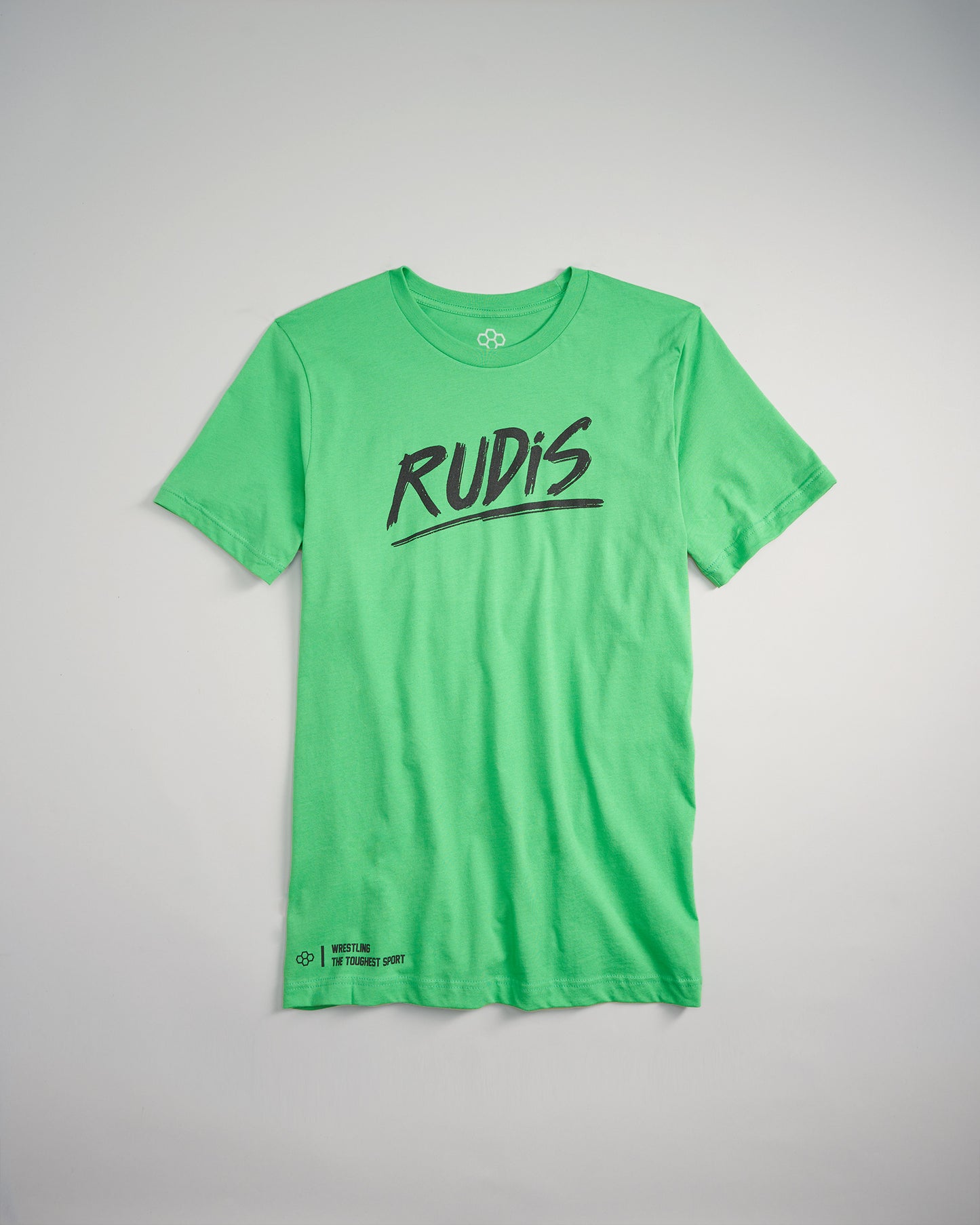 A vibrant green t-shirt featuring the bold print of RUDiS on the front and the phrase WRESTLING THE TOUGHEST SPORT on the bottom left