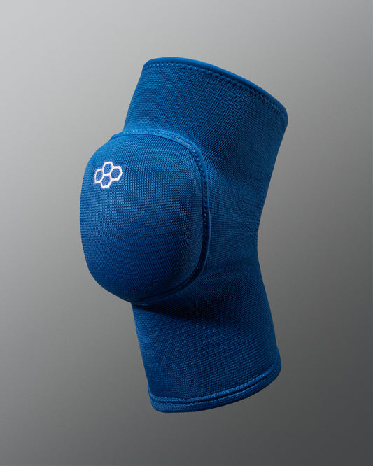 This image features a blue knee brace designed for support and protection during physical activities highlighting its ergonomic shape and textured fabric