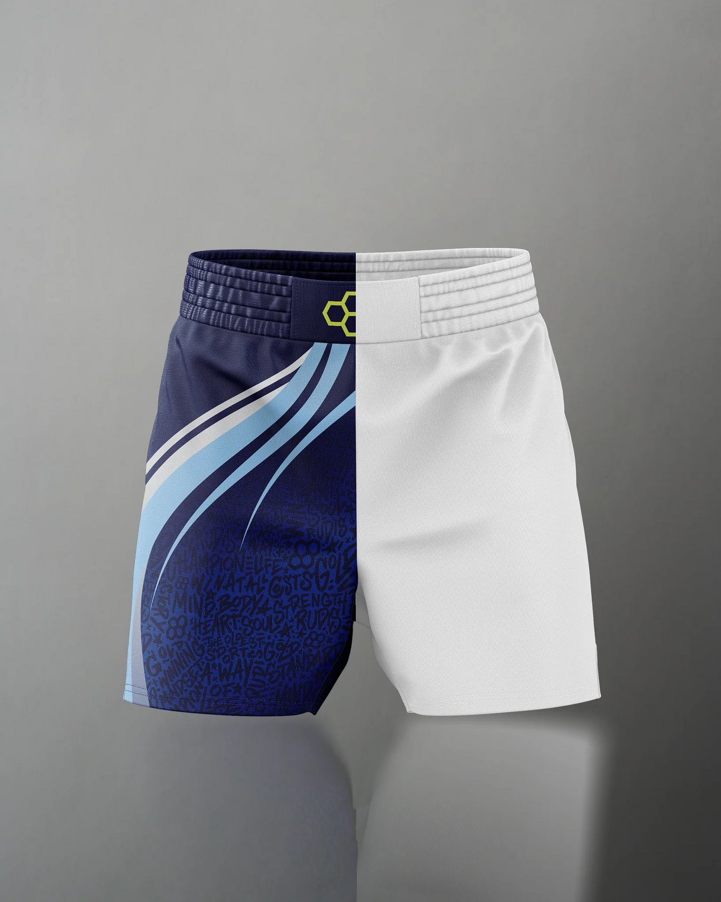 Men's sports shorts with a split design showcasing a dark blue side featuring light blue stripes and text patterns, contrasted by a white side, all set against a neutral gray background.