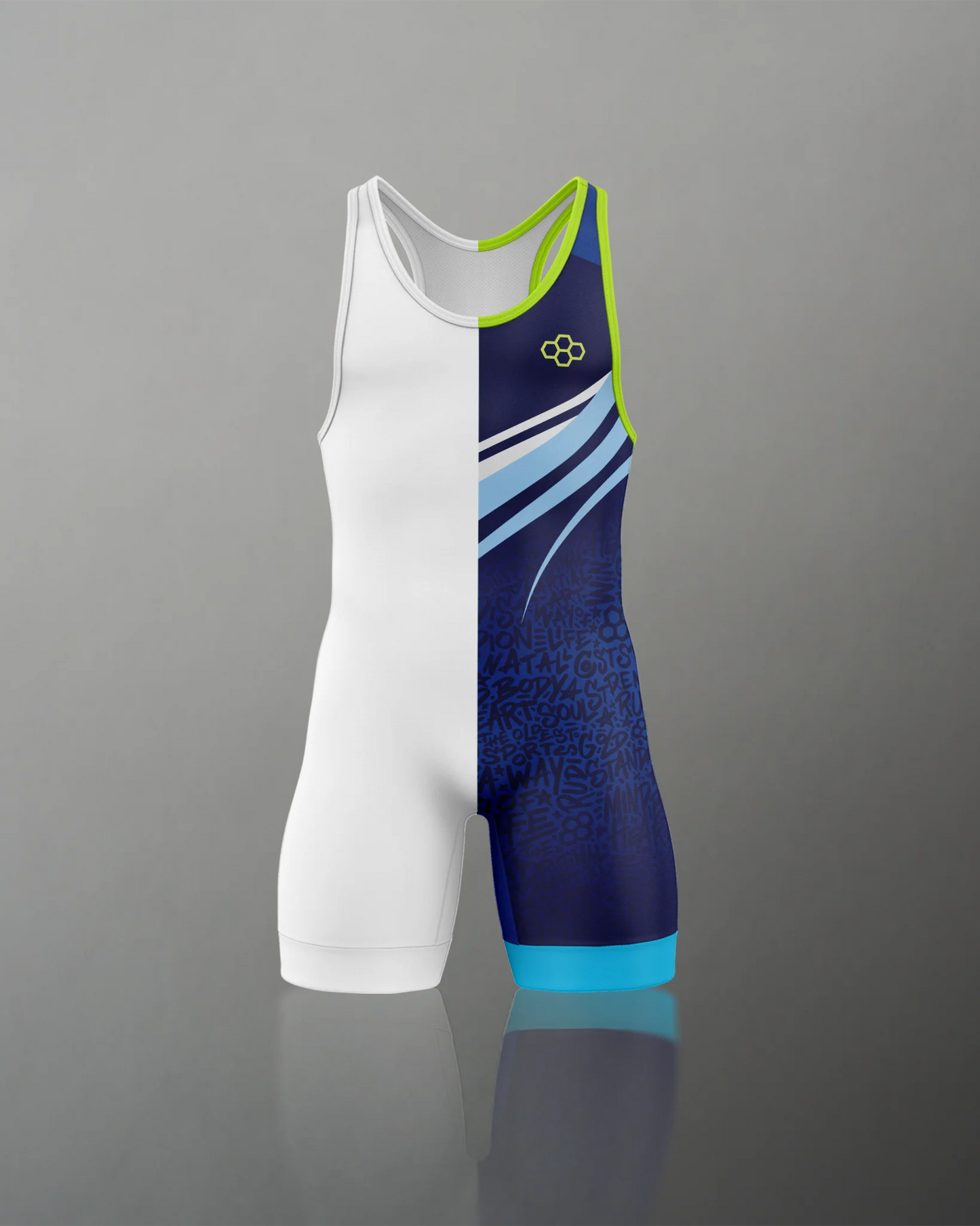 A two-toned athletic singlet combines white and navy with dynamic designs and bright green trim, crafted for performance in sports.