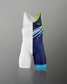 A one-piece athletic suit features a bright white and deep navy blue design, accented with green, showcasing dynamic stripes and textured prints.