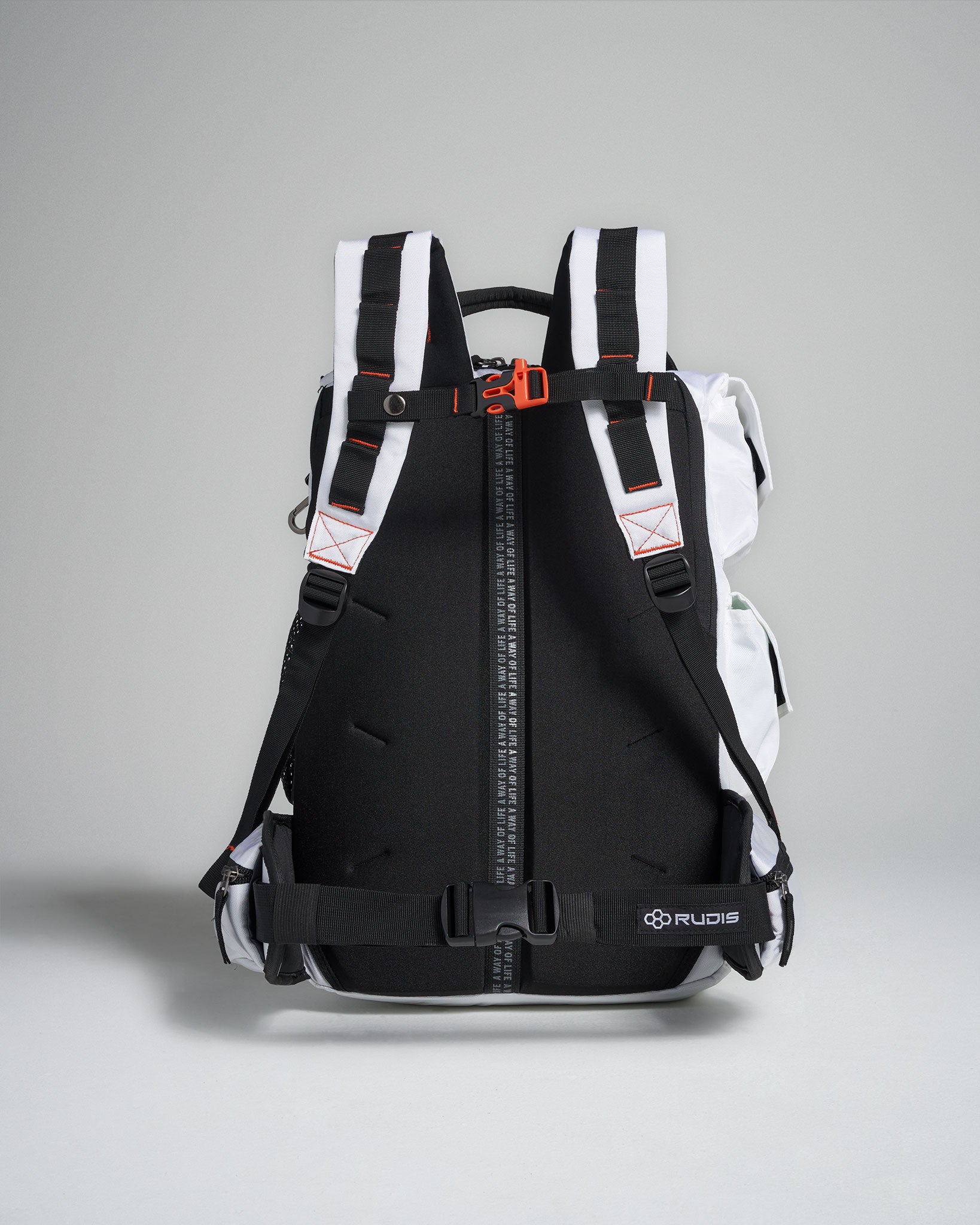 A modern black and white backpack featuring adjustable straps a central zip and durable materials designed for practicality and style