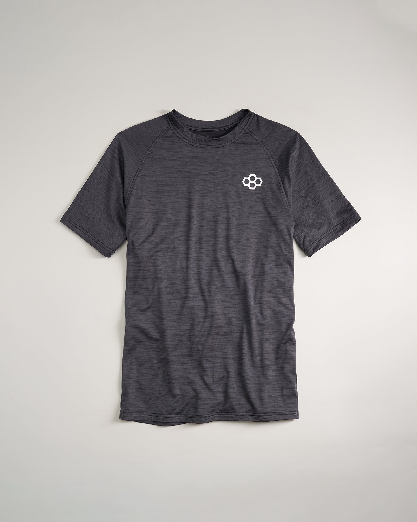 A stylish dark gray athletic t-shirt featuring a subtle striped pattern and a small white logo on the chest