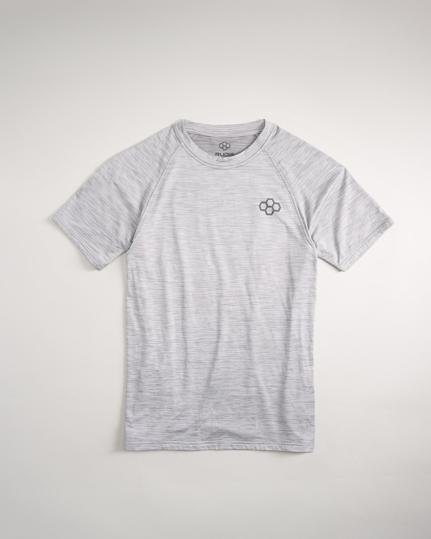 A light gray athletic t-shirt featuring a subtle heathered texture and a small logo on the chest area