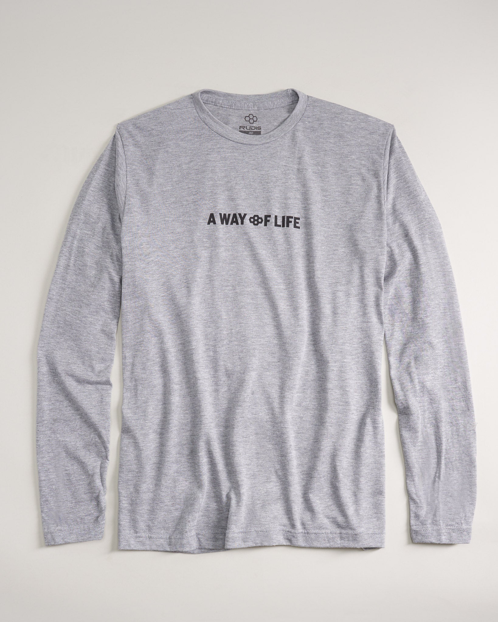 A gray long-sleeve shirt featuring the text A WAY OF LIFE in black print across the front