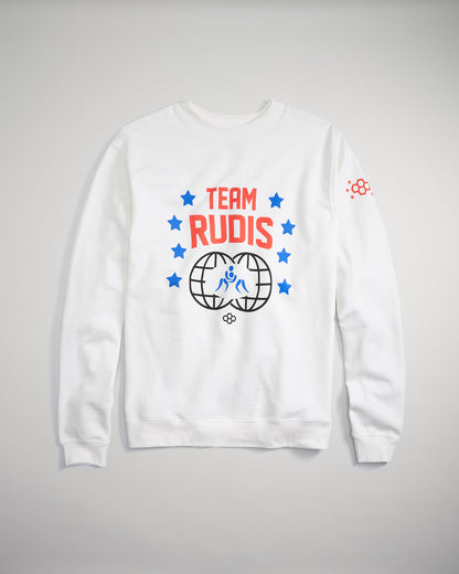 A white sweatshirt featuring the text TEAM RUDIS a globe design and blue stars symbolizing unity and support for an athletic team