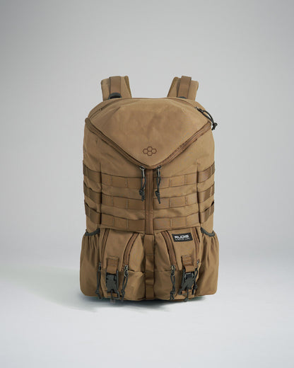 A rugged tactical brown backpack featuring multiple exterior pockets and straps for versatility and storage