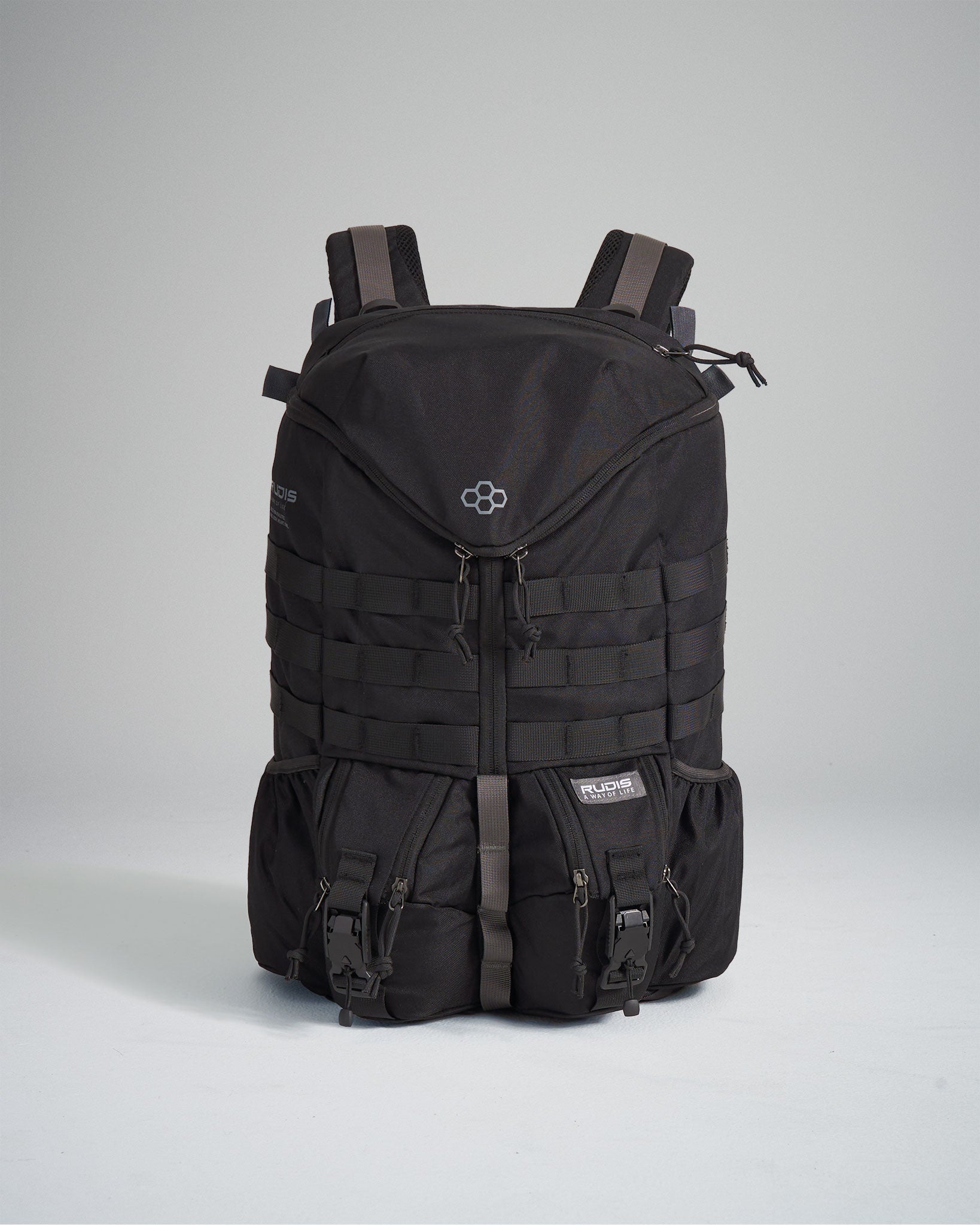 A rugged black backpack designed for outdoor use featuring multiple straps pockets and a durable structure ideal for various activities