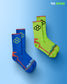 A vibrant pair of blue and green socks featuring playful hexagon designs showcasing a modern athletic style suitable for sports or casual wear