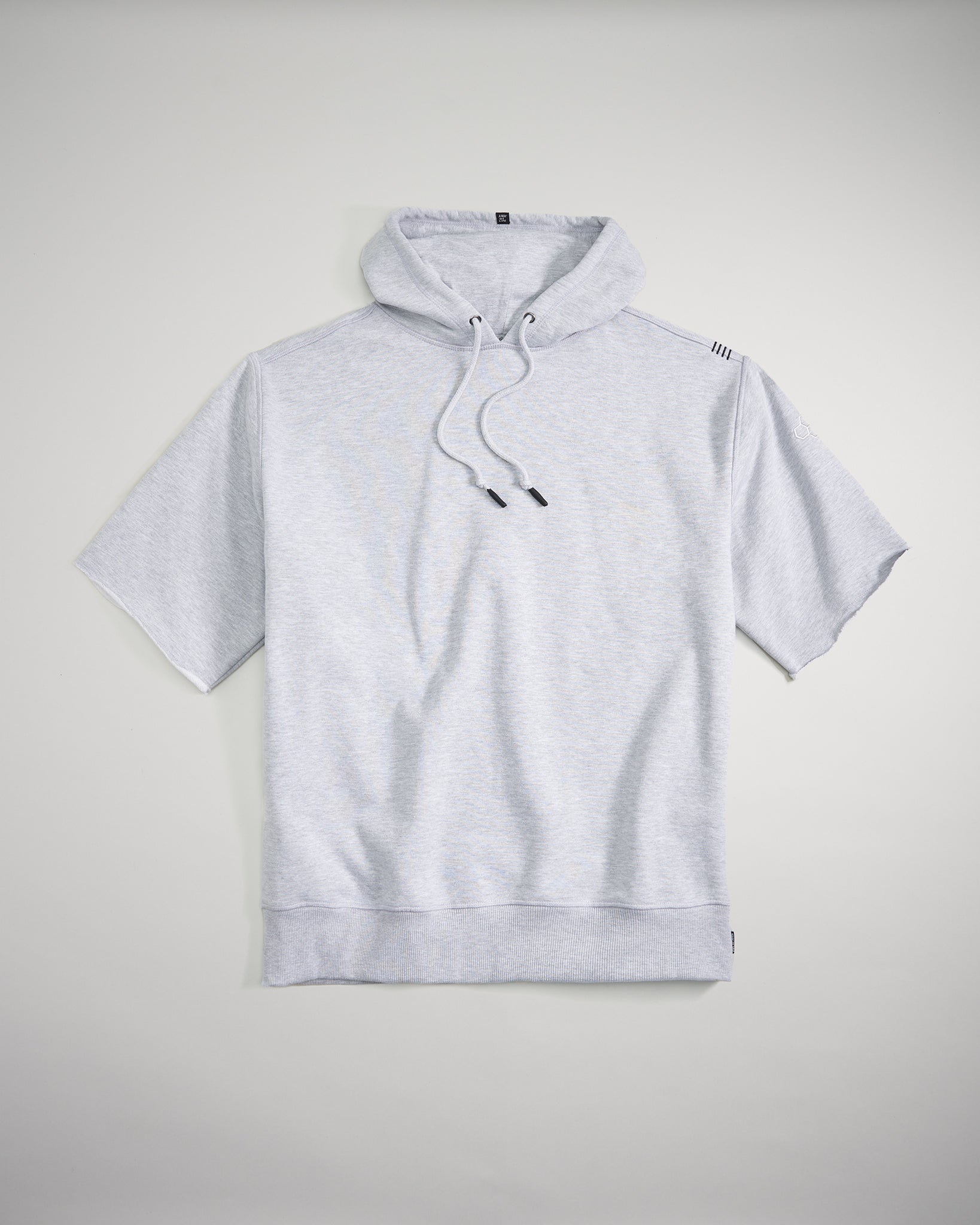 A light gray short-sleeved hoodie featuring a drawstring hood and a relaxed fit ideal for casual wear or layering