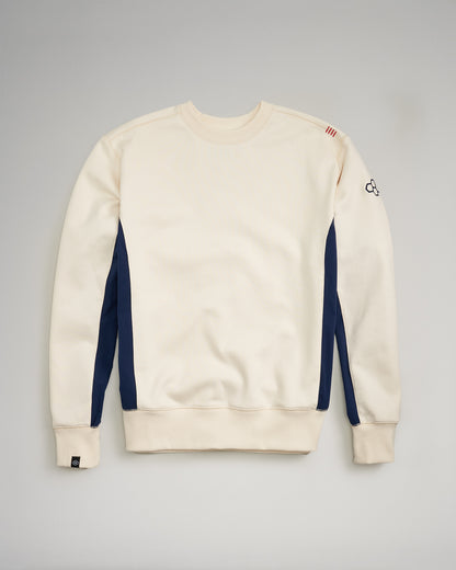 A cream-colored sweatshirt with navy side panels and subtle detailing ideal for casual wear