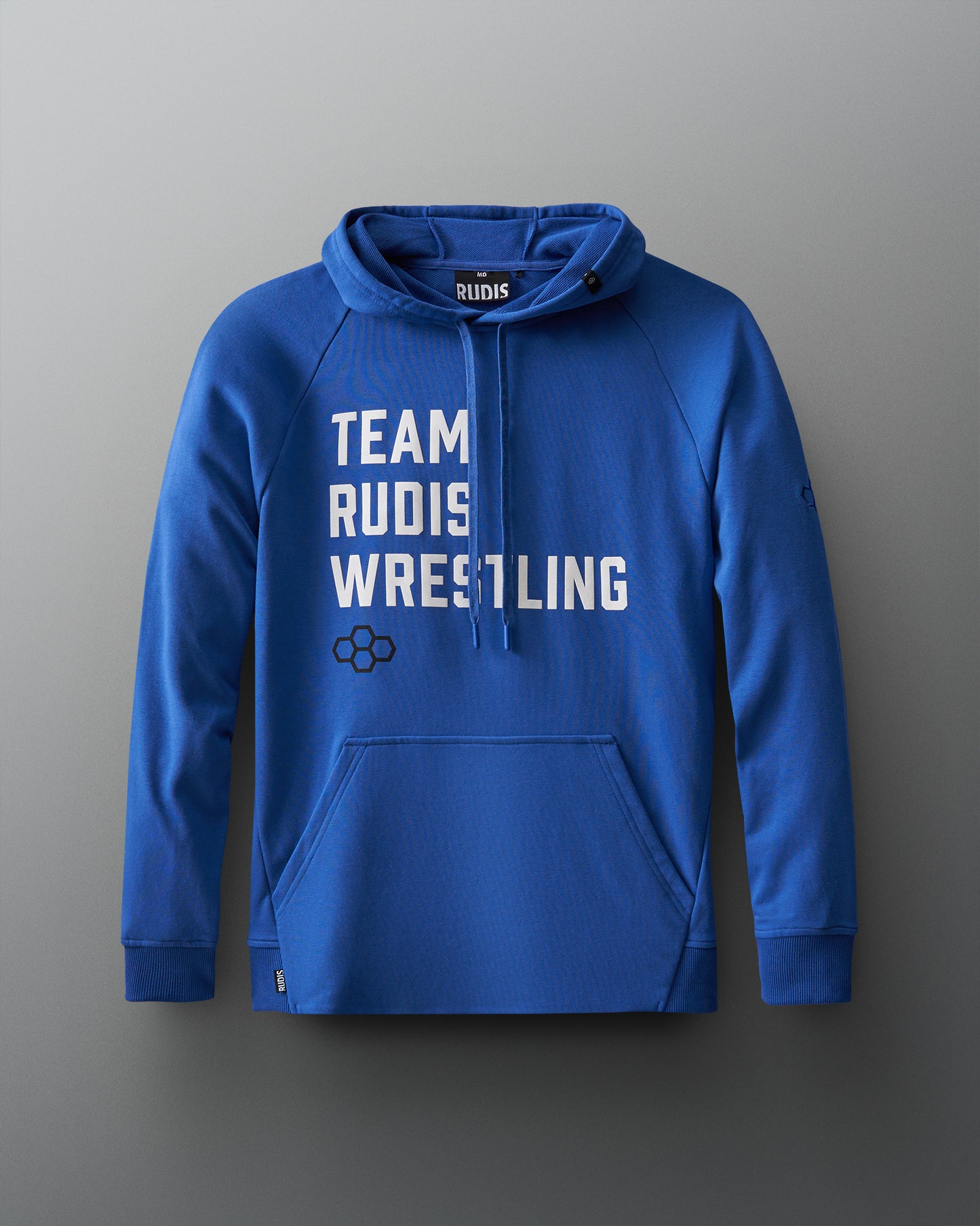 A blue hoodie showcases 'TEAM RUDIS WRESTLING' in bold white text, designed for comfort and style suitable for athletic activities.