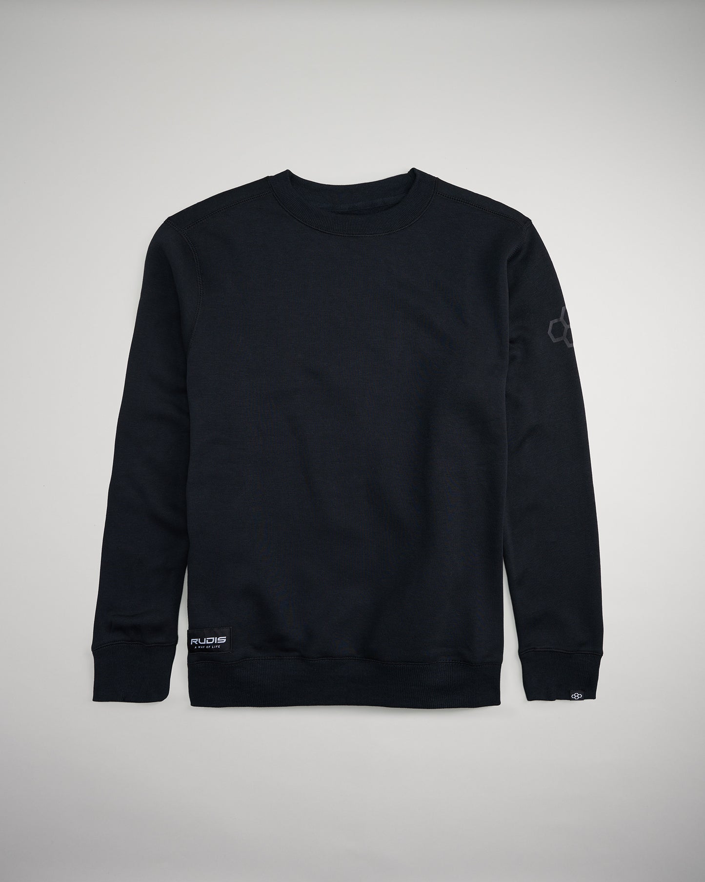 A black sweatshirt featuring a round neckline and subtle branding designed for comfort and casual wear