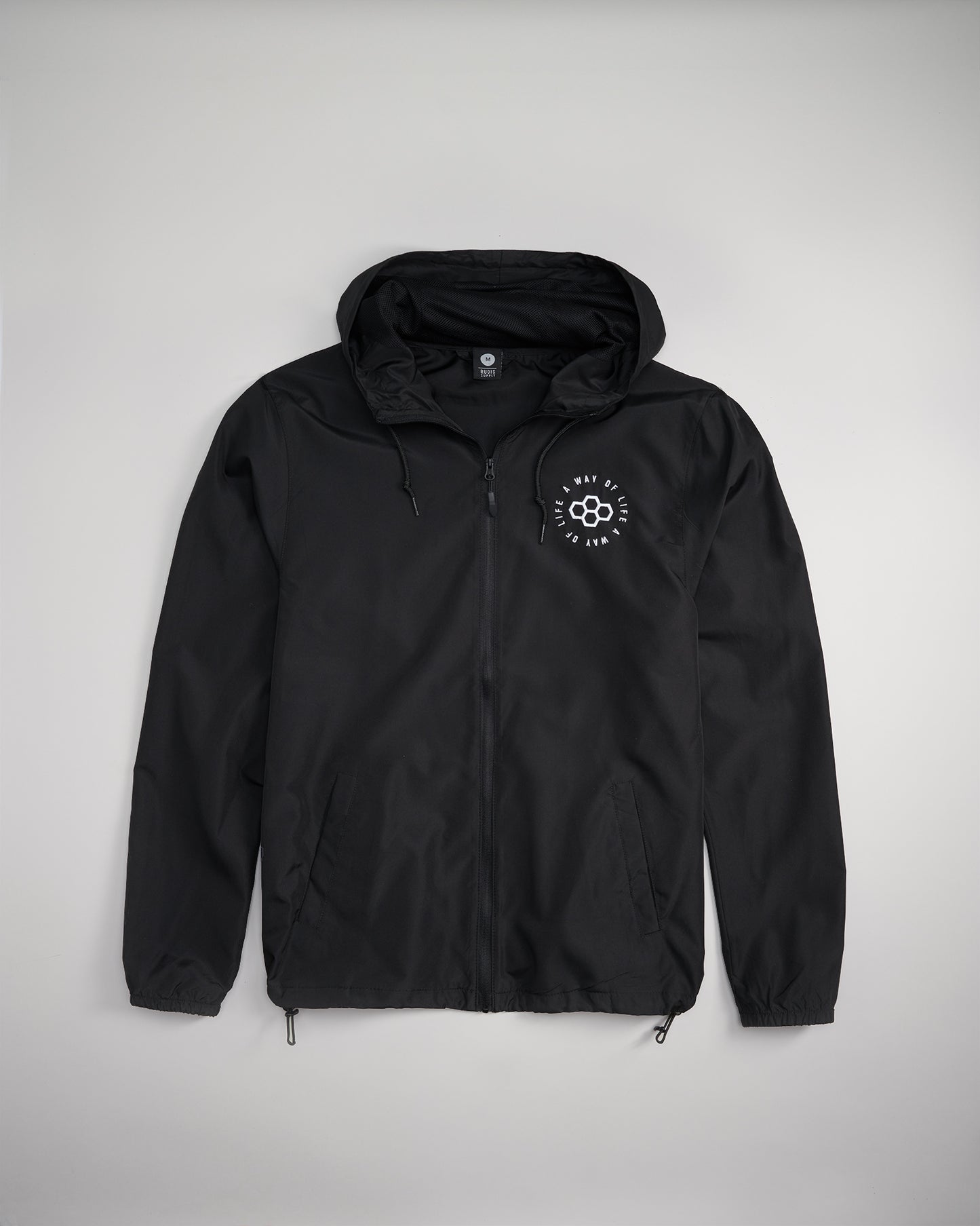 A stylish black windbreaker jacket featuring a hood and a minimalist white graphic design on the chest