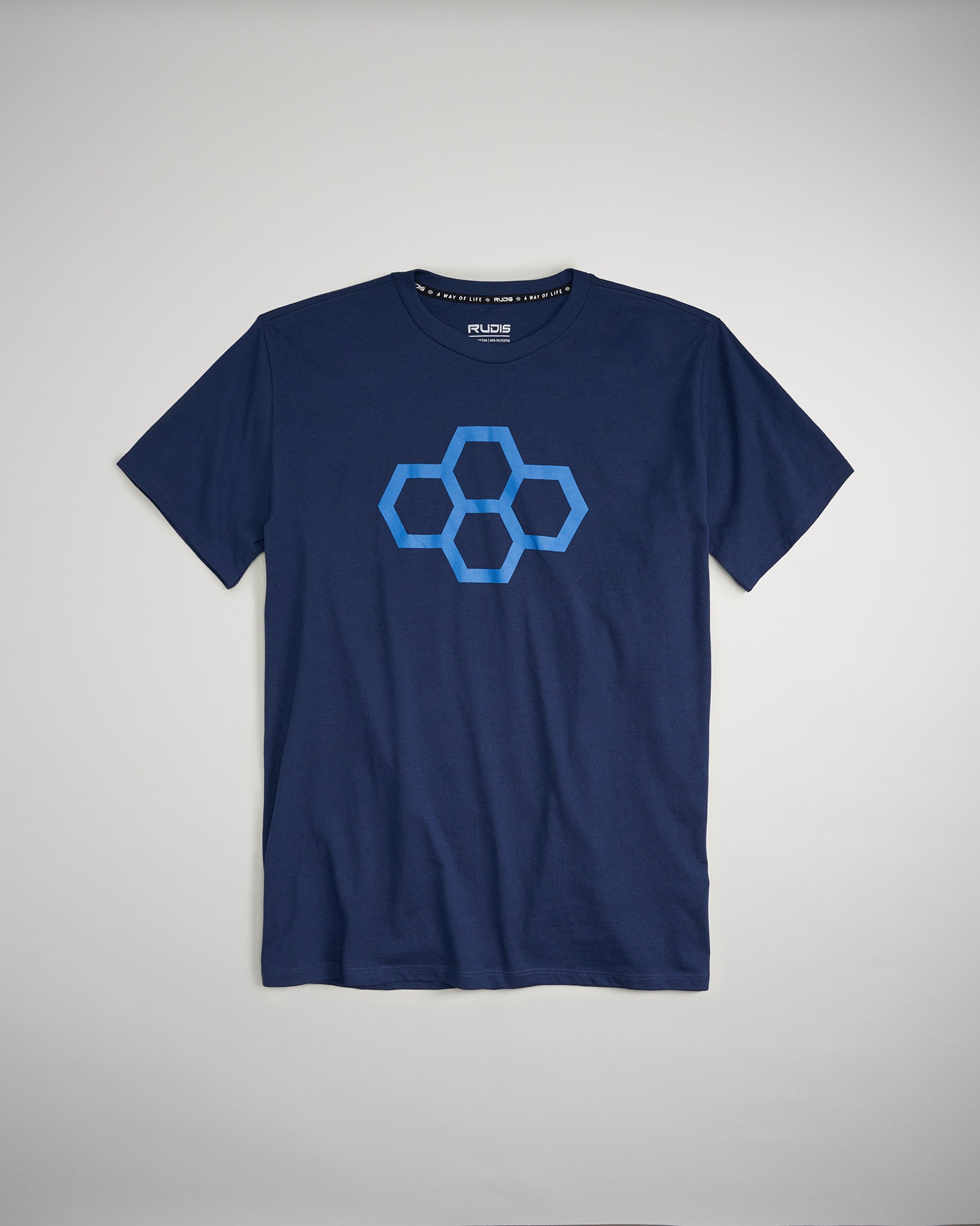 A navy blue t-shirt featuring a geometric honeycomb design in light blue at the center