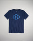 A navy blue t-shirt featuring a geometric honeycomb design in light blue at the center