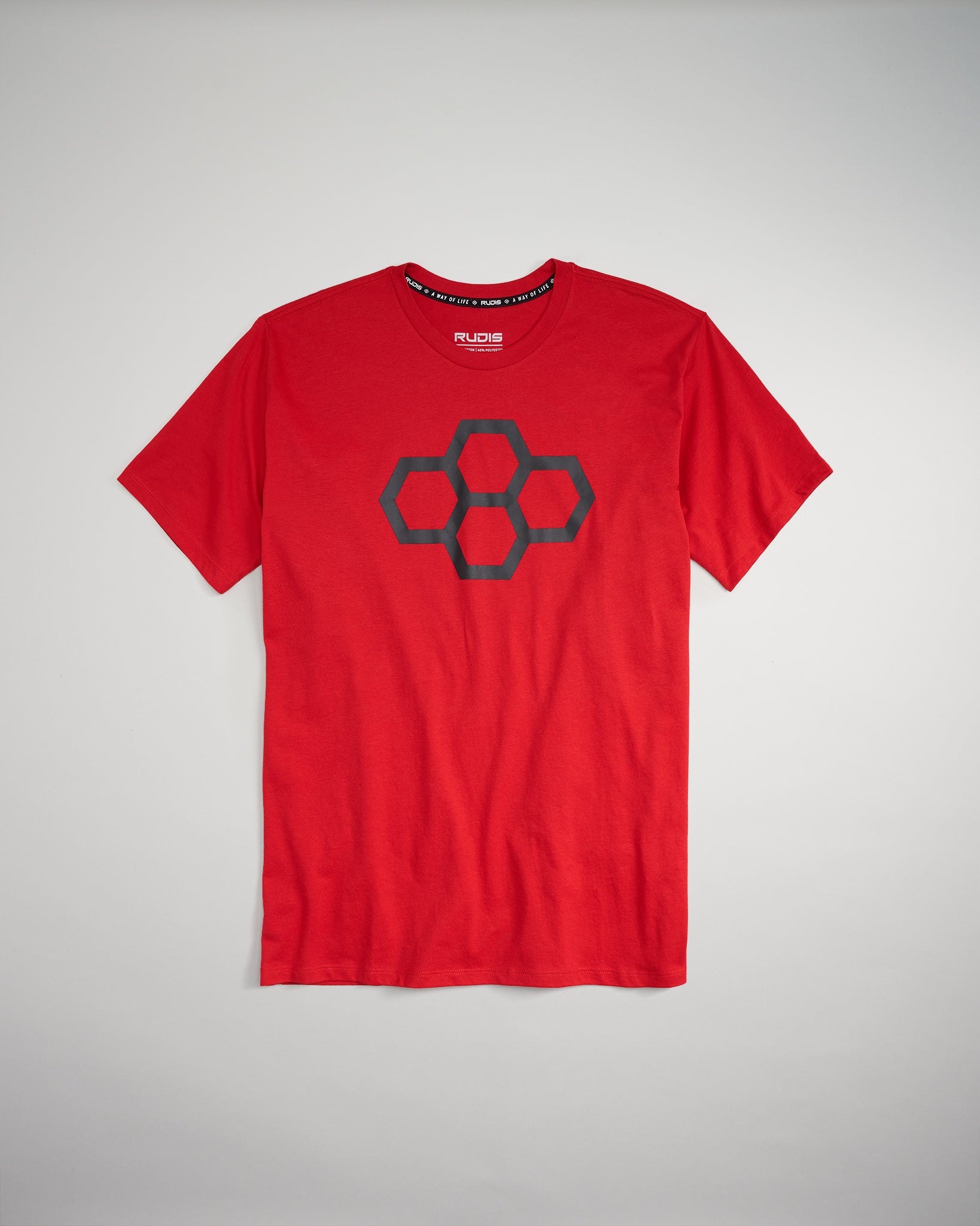 A vibrant red T-shirt featuring a black hexagonal graphic design on the front perfect for casual wear