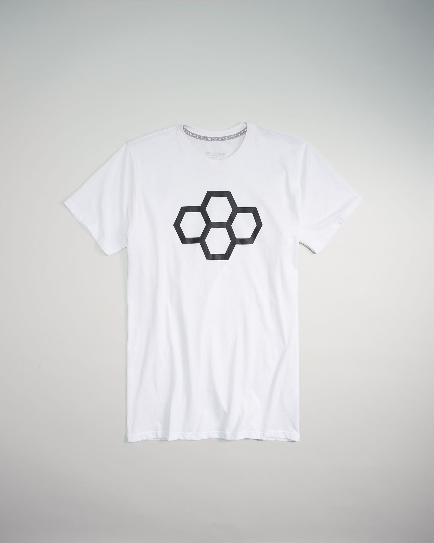 A white t-shirt featuring a distinctive black hexagonal graphic on the front showcasing a modern and minimalist design