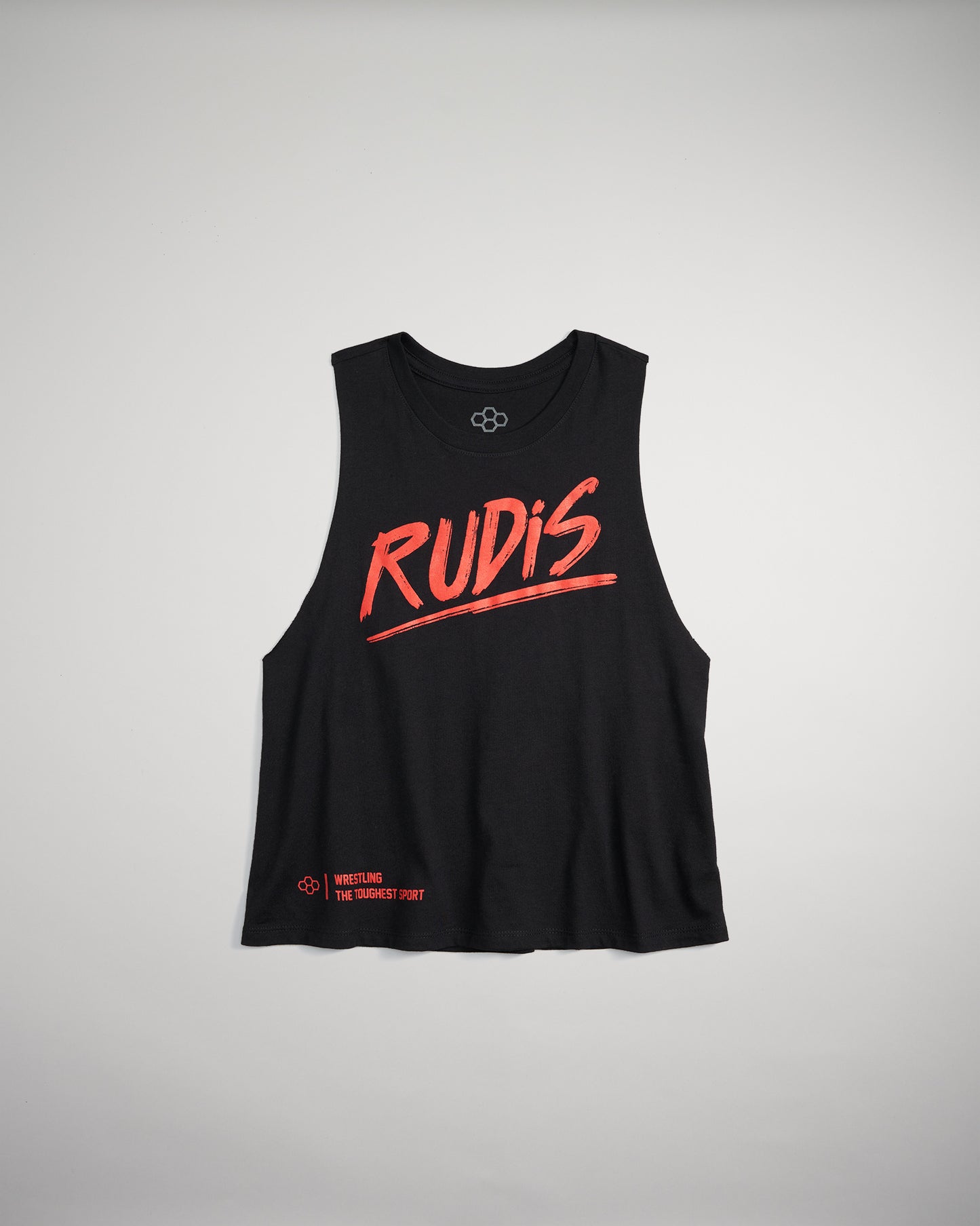 A black sleeveless tank top featuring bold red lettering that reads RUDIS and additional text promoting wrestling as the toughest sport