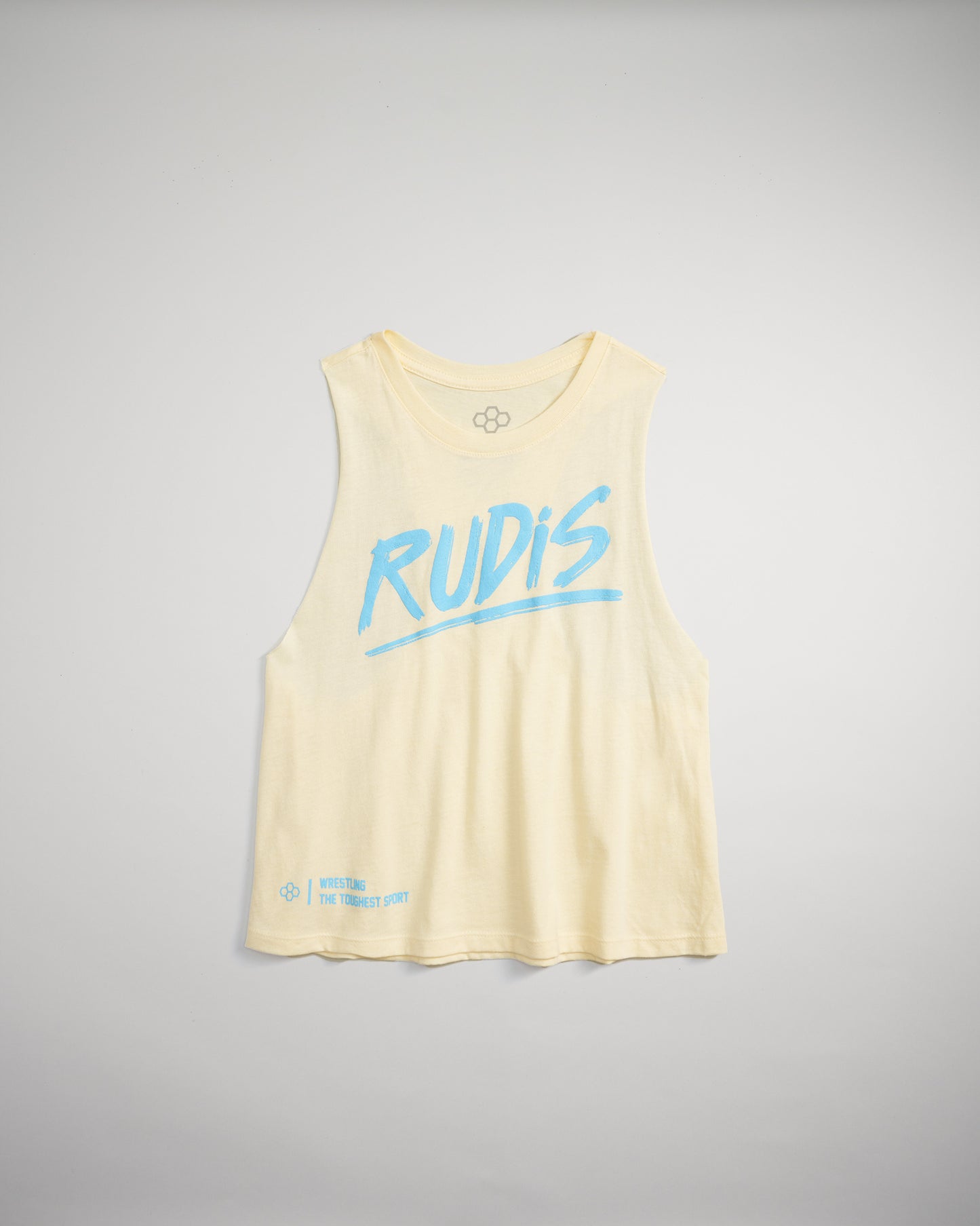 A light yellow sleeveless tank top featuring the word RUDIS in bold blue letters with a tagline about wrestling at the bottom