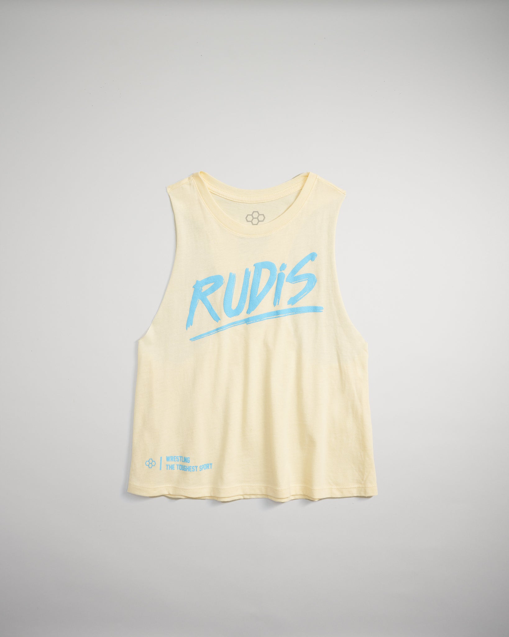 A light yellow sleeveless tank top featuring the word RUDIS in bold blue letters with a tagline about wrestling at the bottom