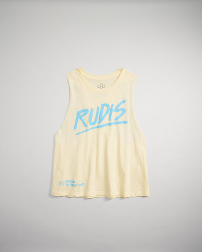 A light yellow sleeveless tank top featuring the word RUDIS in bold blue letters with a tagline about wrestling at the bottom