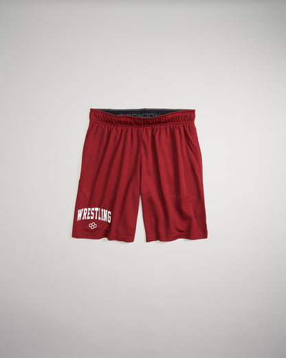 Red athletic shorts with WRESTLING printed in white on the left leg featuring an elastic waistband for comfort