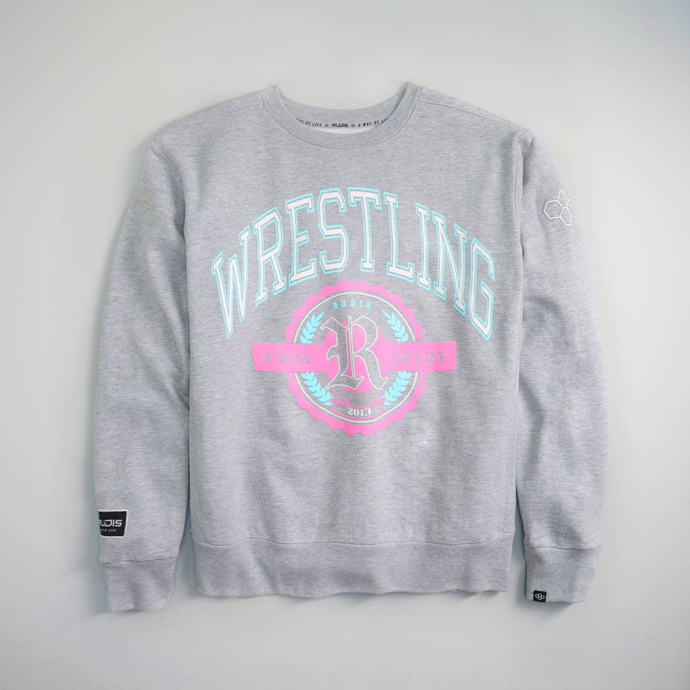 A gray sweatshirt featuring vibrant graphic text and logos associated with wrestling combining style and sporty appeal