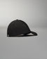 A black baseball cap presented sideways against a soft gray background, showcasing its structured design and minimalist style.