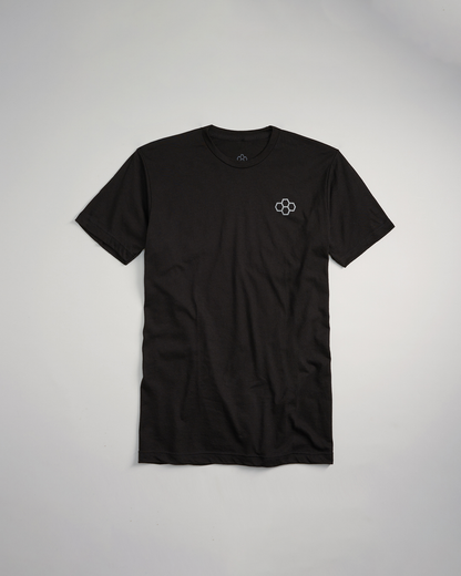 A black short-sleeve t-shirt featuring a minimalistic logo on the left chest area