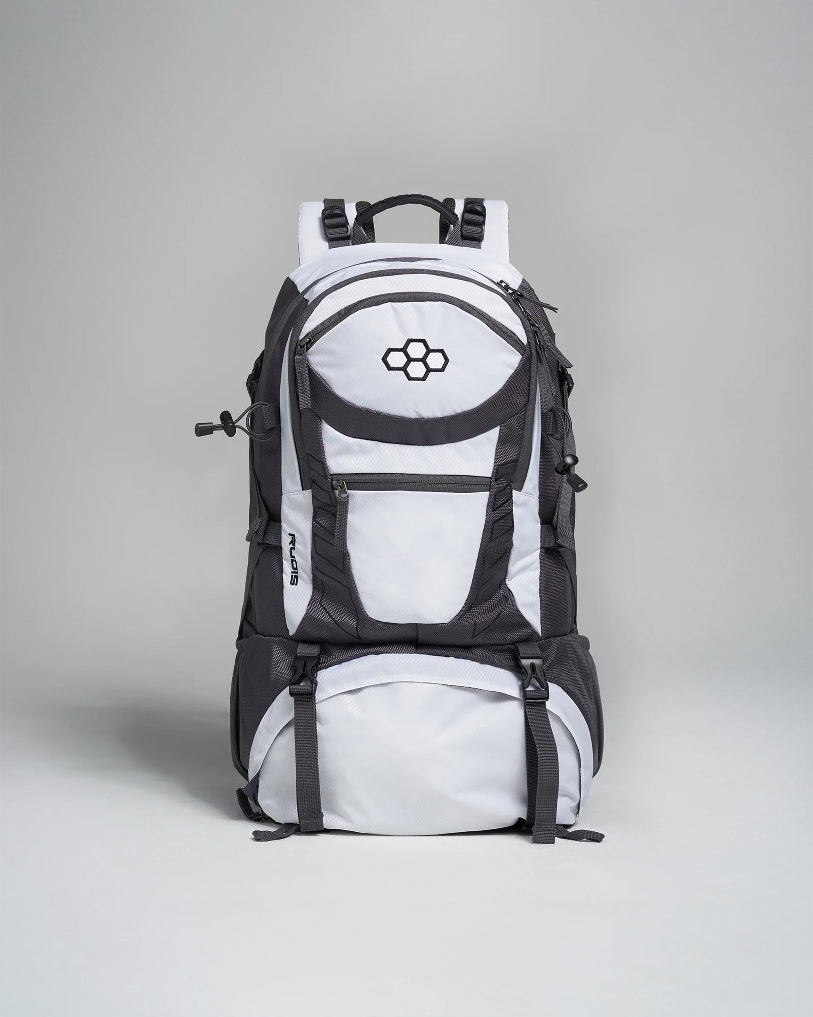 A stylish dual-tone backpack featuring a prominent logo on the front designed for both functionality and urban aesthetics