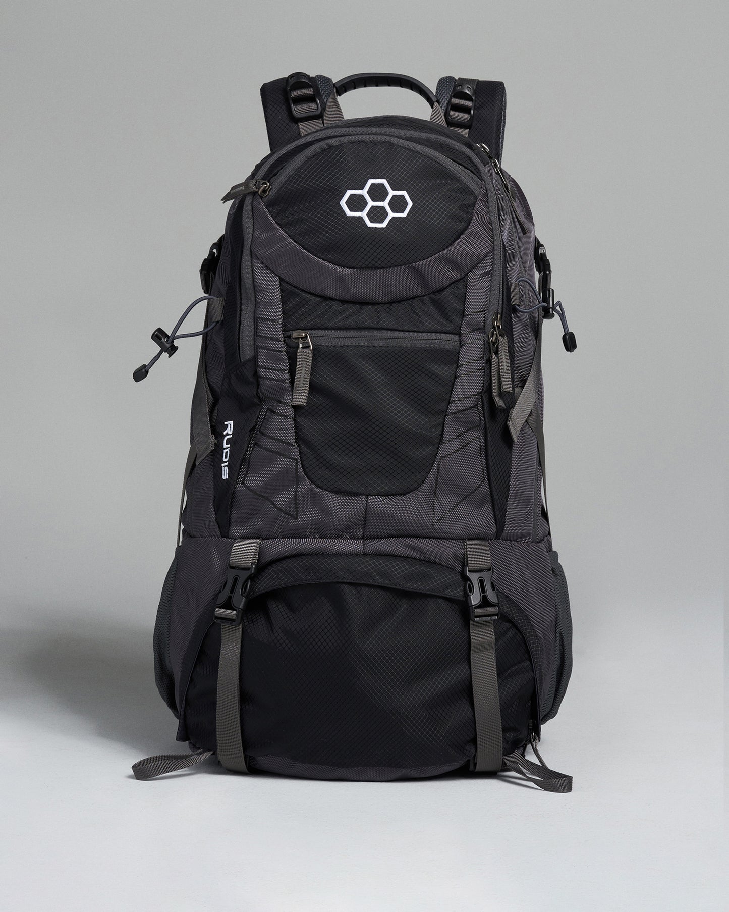 A black multipurpose backpack featuring various compartments and a mesh exterior for ventilation designed for durability and comfort during outdoor activities