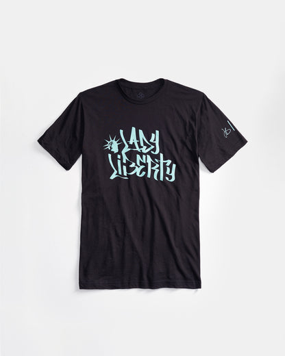 A black t-shirt featuring stylized text that reads Lady Liberty alongside an illustration of the Statue of Liberty