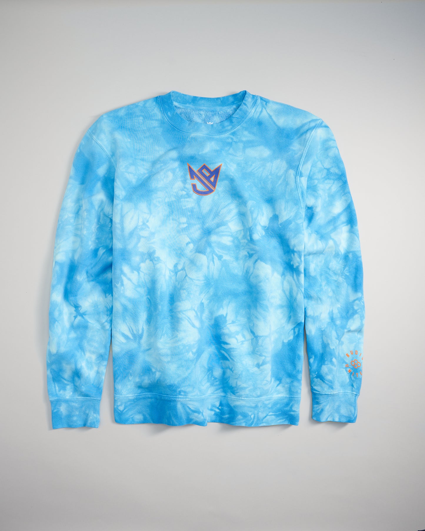 A vibrant blue tie-dye sweatshirt featuring a logo on the chest and a decorative design on the sleeve