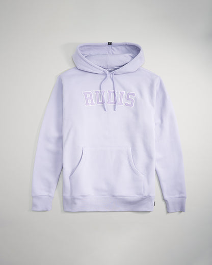 A light lavender hoodie featuring RUDIS text on the front with a spacious kangaroo pocket and a drawstring hood designed for casual wear