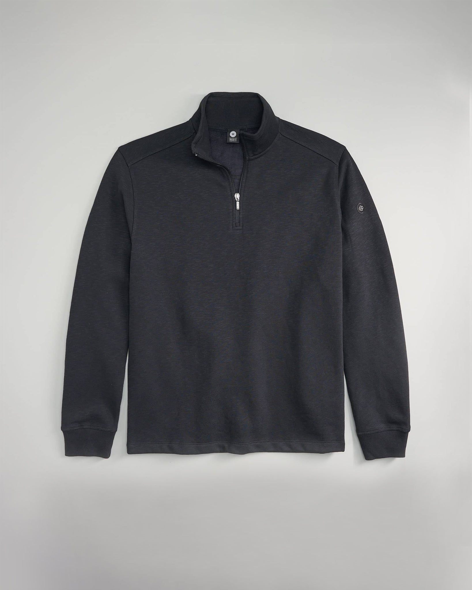 A stylish black quarter-zip pullover made of soft fabric featuring a high collar and ribbed cuffs ideal for layering or casual wear