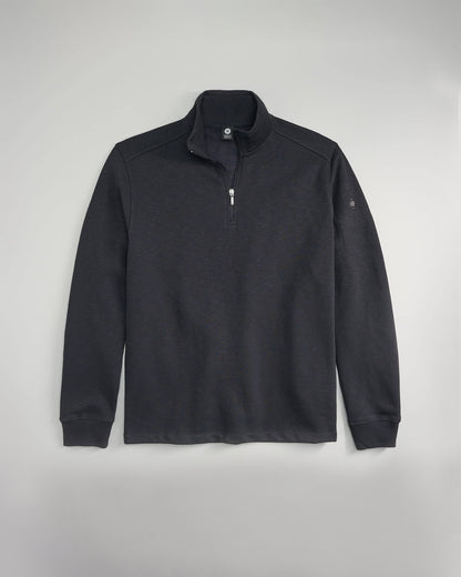 A stylish black quarter-zip pullover made of soft fabric featuring a high collar and ribbed cuffs ideal for layering or casual wear