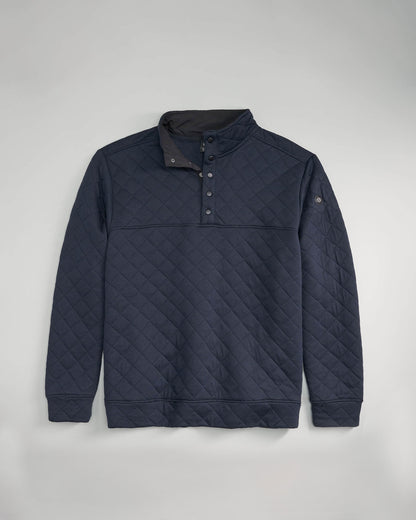 A navy blue quilted pullover featuring a buttoned collar and ribbed cuffs designed for comfort and style in casual wear