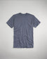 A heather navy t-shirt with short sleeves featuring a minimalistic design and a small logo near the bottom hem