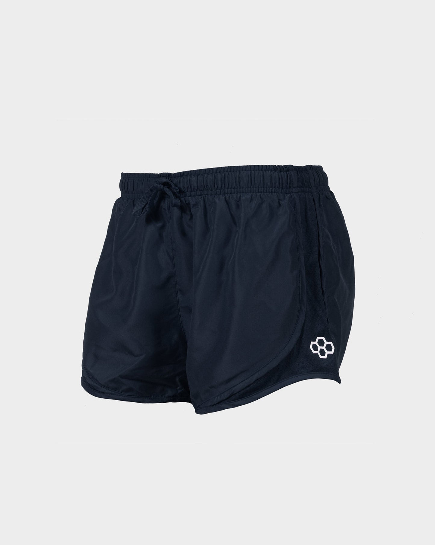 This image features a pair of black athletic shorts made from lightweight moisture-wicking fabric designed for comfort during physical activities