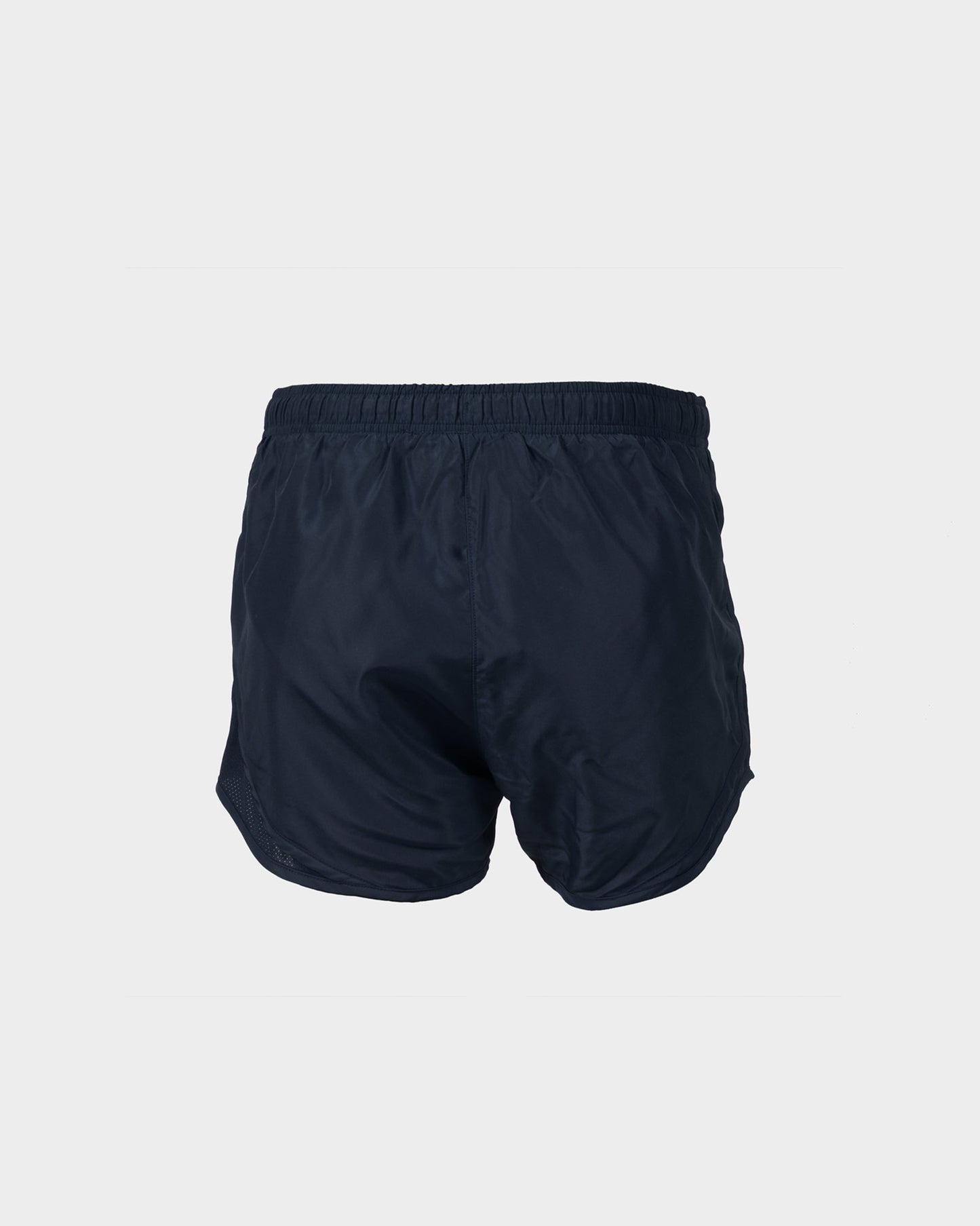 A pair of navy blue athletic shorts featuring a lightweight breathable design with an elastic waistband for comfort during exercise