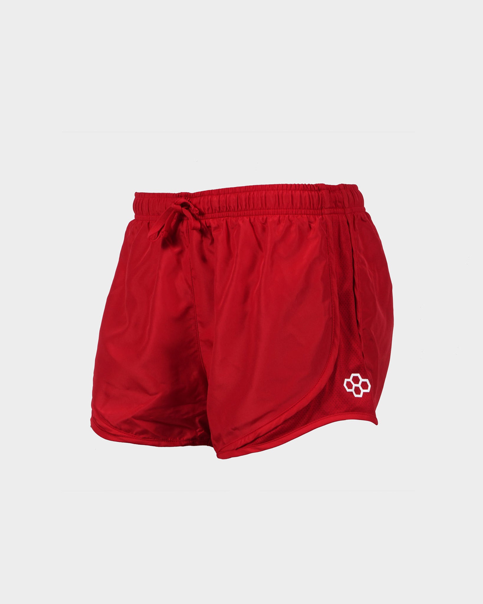 A pair of vibrant red athletic shorts featuring a drawstring waist and a mesh side panel for breathability