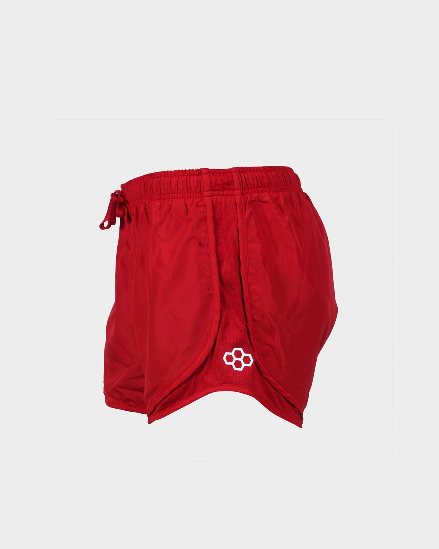 Bright red athletic shorts featuring a comfortable elastic waistband and a mesh fabric design for breathability