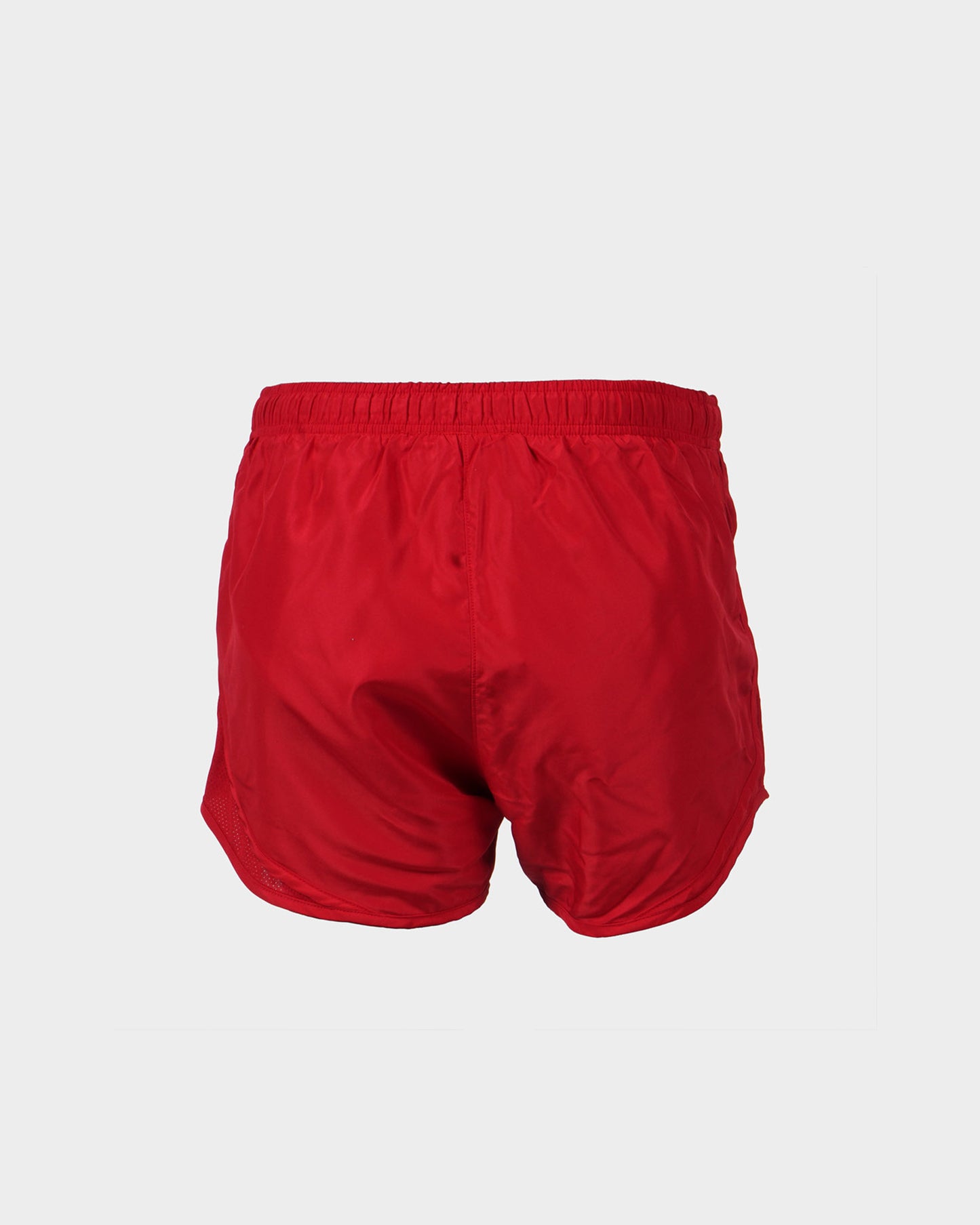 A pair of vibrant red athletic shorts featuring a simple design and elastic waistband suitable for sports and casual wear